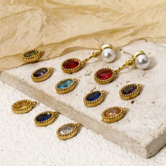 Picture of Eco-friendly Vacuum Plating 304 Stainless Steel Mini Charms 18K Real Gold Plated Oval Multicolor Rhinestone 10mm x 6.5mm