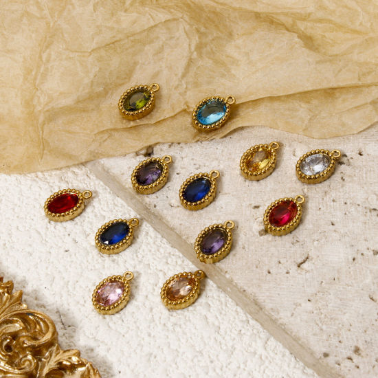 Picture of Eco-friendly Vacuum Plating 304 Stainless Steel Mini Charms 18K Real Gold Plated Oval Multicolor Rhinestone 10mm x 6.5mm