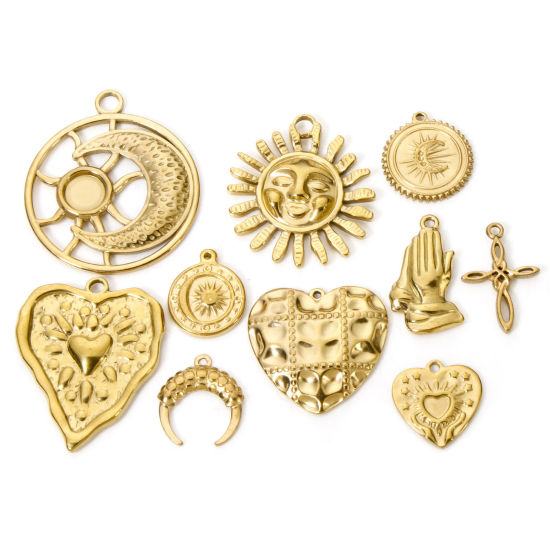 Picture of 2 PCs Eco-friendly Vacuum Plating 304 Stainless Steel Charms 18K Real Gold Plated Sun Moon