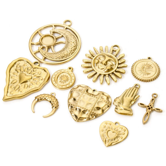 Picture of 2 PCs Eco-friendly Vacuum Plating 304 Stainless Steel Charms 18K Real Gold Plated Sun Moon