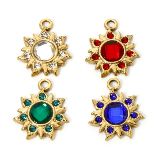 Bild von Umweltfreundliche Vakuumbeschichtung 304 Edelstahl Flora Kollektion Charms Blumen 18K Echtgold plattiert Bunt Strass 24mm x 20.5mm