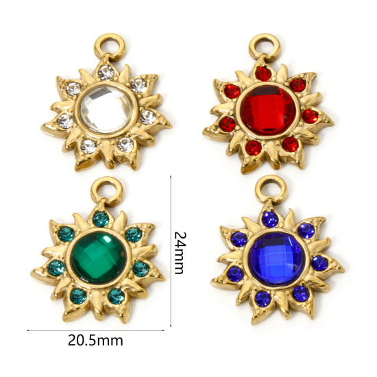 Bild von Umweltfreundliche Vakuumbeschichtung 304 Edelstahl Flora Kollektion Charms Blumen 18K Echtgold plattiert Bunt Strass 24mm x 20.5mm