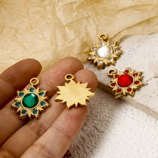 Bild von Umweltfreundliche Vakuumbeschichtung 304 Edelstahl Flora Kollektion Charms Blumen 18K Echtgold plattiert Bunt Strass 24mm x 20.5mm