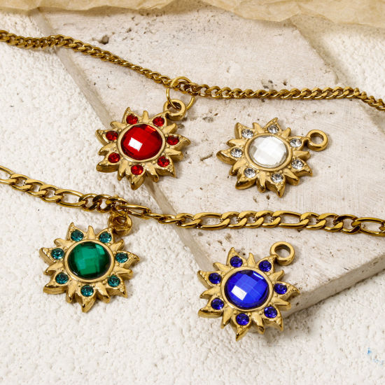 Bild von Umweltfreundliche Vakuumbeschichtung 304 Edelstahl Flora Kollektion Charms Blumen 18K Echtgold plattiert Bunt Strass 24mm x 20.5mm