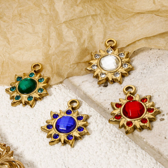 Bild von Umweltfreundliche Vakuumbeschichtung 304 Edelstahl Flora Kollektion Charms Blumen 18K Echtgold plattiert Bunt Strass 24mm x 20.5mm