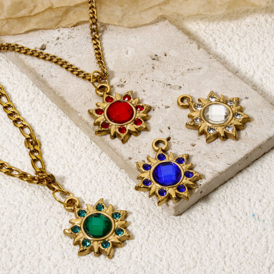 Bild von Umweltfreundliche Vakuumbeschichtung 304 Edelstahl Flora Kollektion Charms Blumen 18K Echtgold plattiert Bunt Strass 24mm x 20.5mm