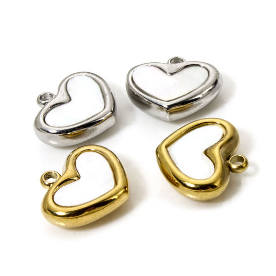 Picture of 2 PCs Eco-friendly 304 Stainless Steel & Natural Shell Valentine's Day Charms Multicolor Heart 12mm x 10.5mm