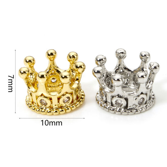 Picture of Brass Micro Pave Beads For DIY Jewelry Making Multicolor Crown Clear Cubic Zirconia About 10mm x 7mm, Hole: Approx 5.2mm