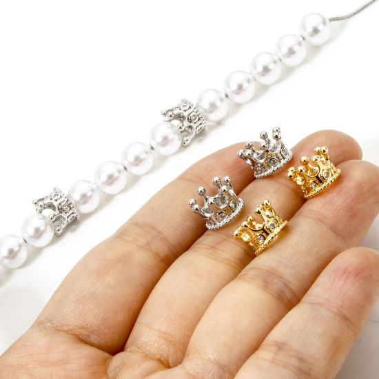 Picture of Brass Micro Pave Beads For DIY Jewelry Making Multicolor Crown Clear Cubic Zirconia About 10mm x 7mm, Hole: Approx 5.2mm