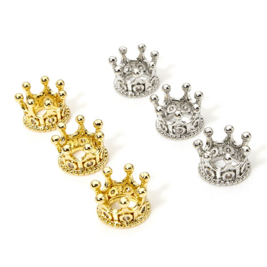 Picture of Brass Micro Pave Beads For DIY Jewelry Making Multicolor Crown Clear Cubic Zirconia About 10mm x 7mm, Hole: Approx 5.2mm