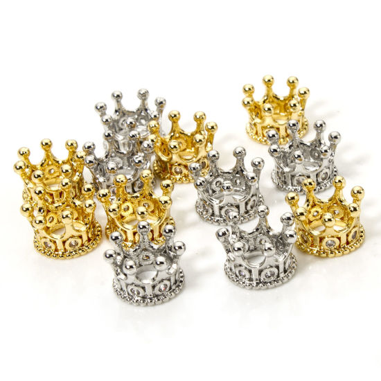 Picture of Brass Micro Pave Beads For DIY Jewelry Making Multicolor Crown Clear Cubic Zirconia About 10mm x 7mm, Hole: Approx 5.2mm