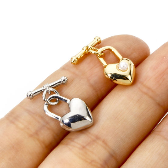 Picture of 2 Sets Brass Toggle Clasps Heart Lock Multicolor Acrylic Imitation Pearl 13mm x 9mm