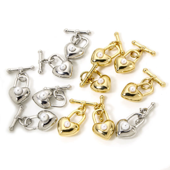 Picture of Brass Toggle Clasps Heart Lock Multicolor Acrylic Imitation Pearl