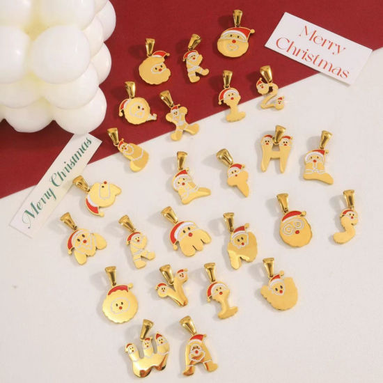 Picture of Eco-friendly PVD Vacuum Plating 304 Stainless Steel Charm Pendant Gold Plated Christmas Hats Message " A-Z "