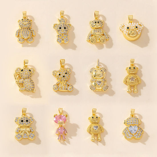 Bild von Messing Charm-Anhänger 18K Vergoldet Bär Micro Pave Klar Zirkonia