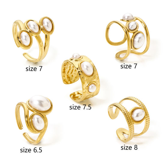 Picture of 1 Piece Eco-friendly Vacuum Plating 304 Stainless Steel Open Adjustable Rings 18K Gold Plated Oval Acrylic Imitation Pearl