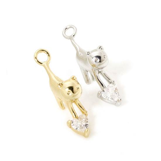 Picture of 2 PCs Brass Charms Multicolor Cat Animal 3D Clear Cubic Zirconia 17.5mm x 9mm