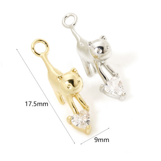 Picture of 2 PCs Brass Charms Multicolor Cat Animal 3D Clear Cubic Zirconia 17.5mm x 9mm