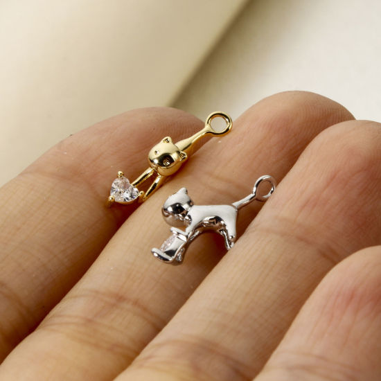 Picture of 2 PCs Brass Charms Multicolor Cat Animal 3D Clear Cubic Zirconia 17.5mm x 9mm