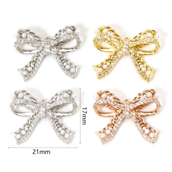 Picture of 1 Piece Brass Clothes Charms Multicolor Bowknot Micro Pave Clear Cubic Zirconia 21mm x 17mm