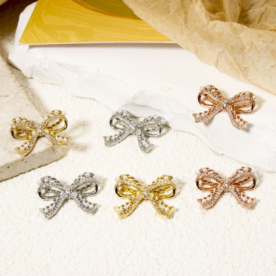 Picture of 1 Piece Brass Clothes Charms Multicolor Bowknot Micro Pave Clear Cubic Zirconia 21mm x 17mm