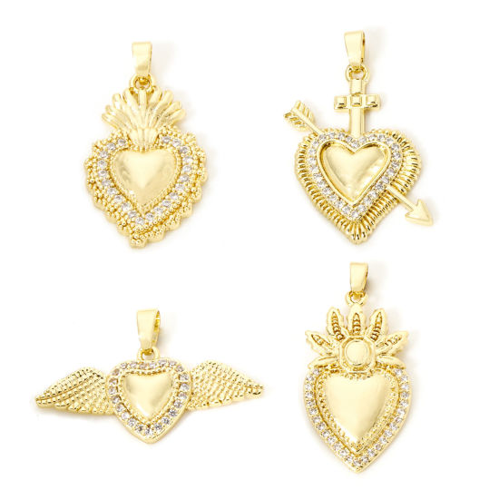 Picture of 2 PCs Brass Religious Pendants 18K Gold Plated Ex Voto Heart Micro Pave Clear Cubic Zirconia