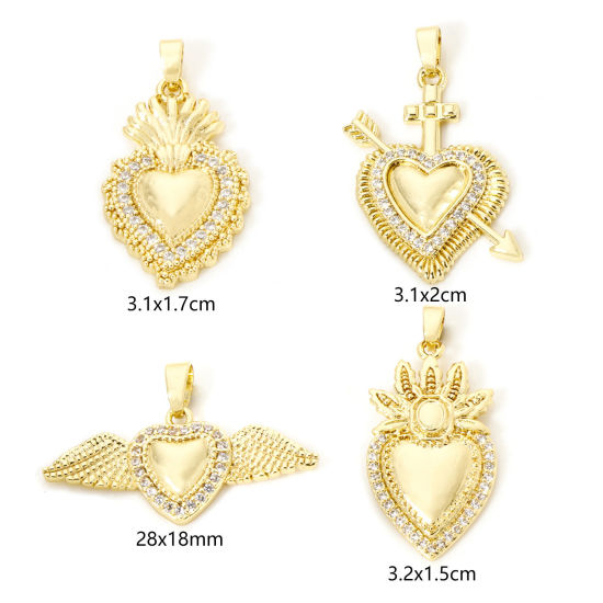 Picture of 2 PCs Brass Religious Pendants 18K Gold Plated Ex Voto Heart Micro Pave Clear Cubic Zirconia