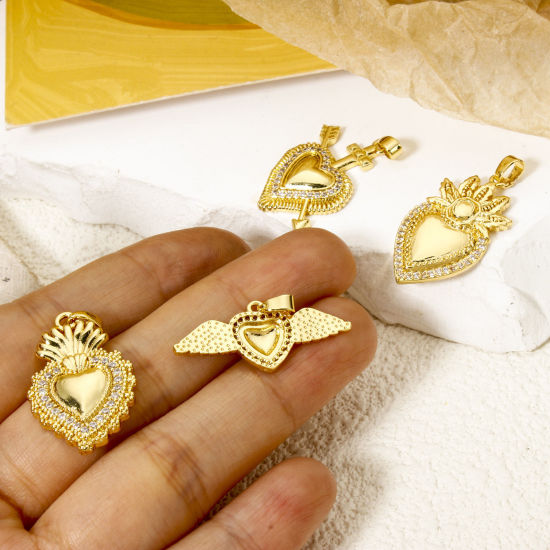 Picture of 2 PCs Brass Religious Pendants 18K Gold Plated Ex Voto Heart Micro Pave Clear Cubic Zirconia