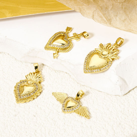 Picture of 2 PCs Brass Religious Pendants 18K Gold Plated Ex Voto Heart Micro Pave Clear Cubic Zirconia