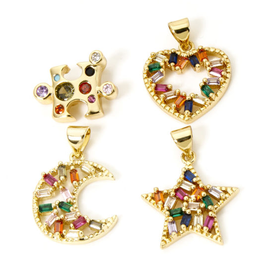 Bild von 1 Piece Brass Charms 18K Gold Plated Half Moon Heart Multicolour Cubic Zirconia