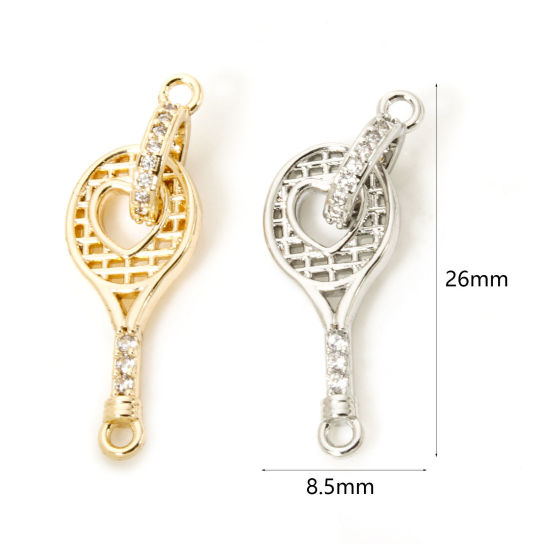 Imagen de 1 Unidad Respetuoso del Medio Ambiente Latón Deporte Conectores Dijes Colgantes Raqueta Oro Real Chapado Micro Pave Claro Circón Artificial 26mm x 8.5mm