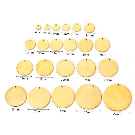 Imagen de 3 Unidades Recubrimiento al Vacío PVD Ecológico 304 Acero Inoxidable Puede Tallar Llana Colgantes Ronda Chapado en Oro de 18K Pulido de Doble Cara