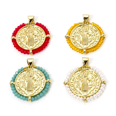 Brass & Glass Religious Disc Charm Pendant 18K Gold Plated St. Benedict Medal Double Sided 29mm x 25mm