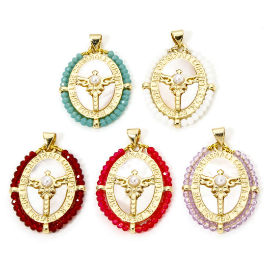 Bild von 1 Piece Natural Shell & Brass Religious Pendants 18K Gold Plated Oval Wing Imitation Pearl 3.6cm x 2.4cm