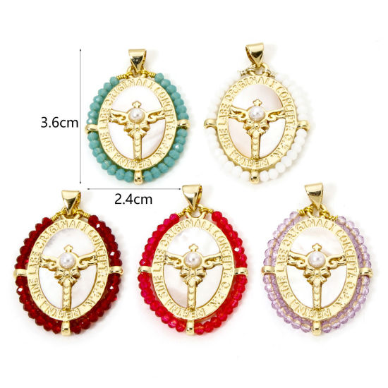 Bild von 1 Piece Natural Shell & Brass Religious Pendants 18K Gold Plated Oval Wing Imitation Pearl 3.6cm x 2.4cm