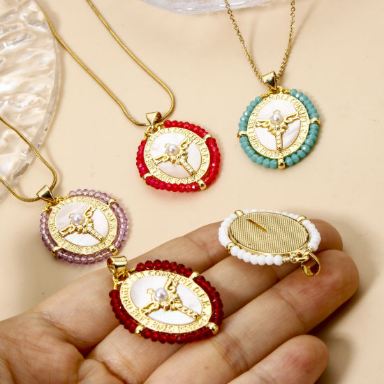 Bild von 1 Piece Natural Shell & Brass Religious Pendants 18K Gold Plated Oval Wing Imitation Pearl 3.6cm x 2.4cm