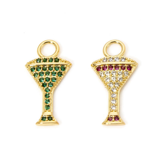 Picture of Brass Micro Pave Charms 18K Real Gold Plated Wine Glass Clear Cubic Zirconia 21mm x 11mm