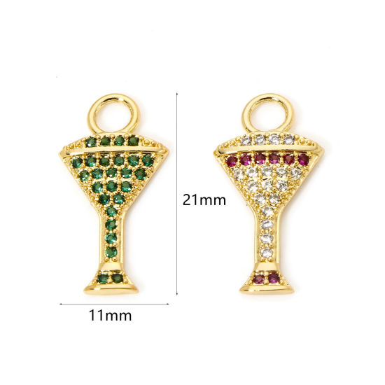 Picture of Brass Micro Pave Charms 18K Real Gold Plated Wine Glass Clear Cubic Zirconia 21mm x 11mm