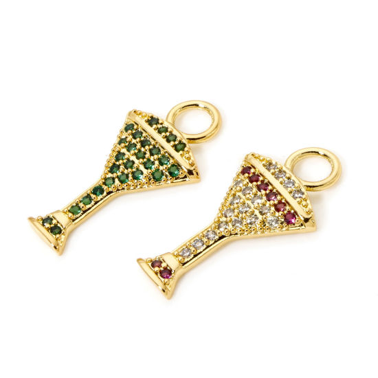 Picture of Brass Micro Pave Charms 18K Real Gold Plated Wine Glass Clear Cubic Zirconia 21mm x 11mm