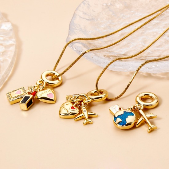 Image de 1 Pièce Perles de Charme Pendantes pour la Fabrication de Bijoux de Bracelet et de Collier Voyage en Laiton Cœur Plaqué Or Véritable 18K Avion Émail