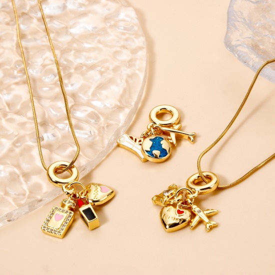 Image de 1 Pièce Perles de Charme Pendantes pour la Fabrication de Bijoux de Bracelet et de Collier Voyage en Laiton Cœur Plaqué Or Véritable 18K Avion Émail