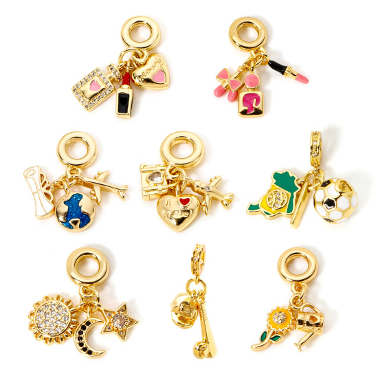 Image de 1 Pièce Perles de Charme Pendantes pour la Fabrication de Bijoux de Bracelet et de Collier Voyage en Laiton Cœur Plaqué Or Véritable 18K Avion Émail