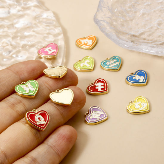 Picture of Brass Charms 18K Real Gold Plated Heart Enamel 13mm x 12mm