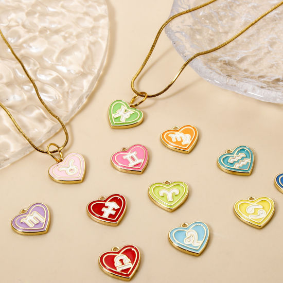 Picture of Brass Charms 18K Real Gold Plated Heart Enamel 13mm x 12mm