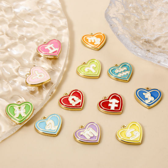 Picture of Brass Charms 18K Real Gold Plated Heart Enamel 13mm x 12mm