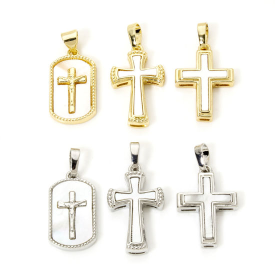 Picture of Natural Shell & Brass Religious Charm Pendant Multicolor Cross