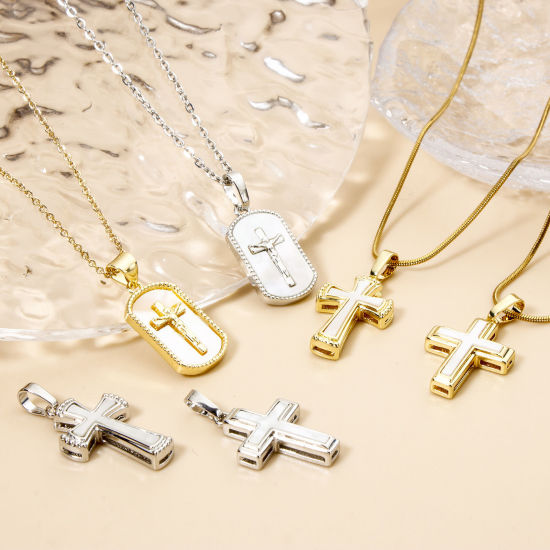 Изображение 1 Piece Natural Shell & Brass Religious Charm Pendant Multicolor Cross