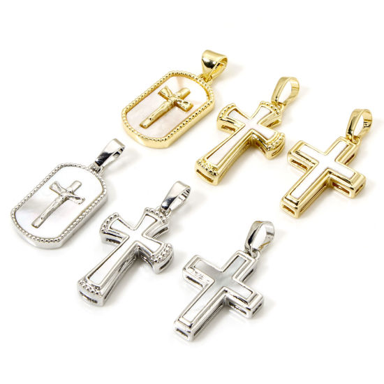 Picture of Natural Shell & Brass Religious Charm Pendant Multicolor Cross