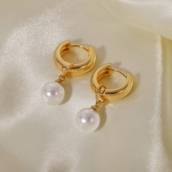 Picture of 1 Pair Simple Multicolor Stainless Steel Imitation Pearl Earrings For Women 3cm x 1.7cm