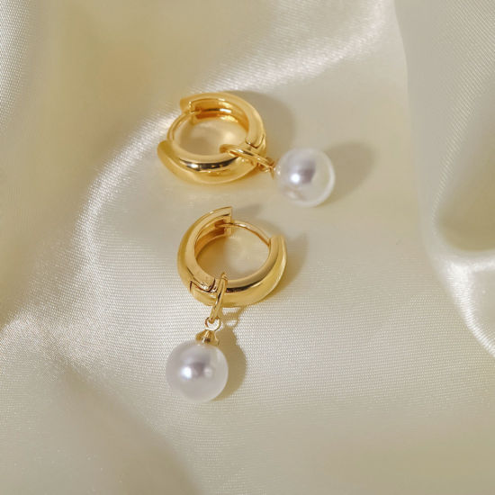 Picture of 1 Pair Simple Multicolor Stainless Steel Imitation Pearl Earrings For Women 3cm x 1.7cm